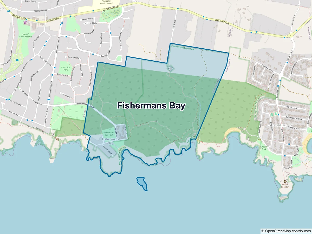 Map of Fishermans Bay, NSW, Australia