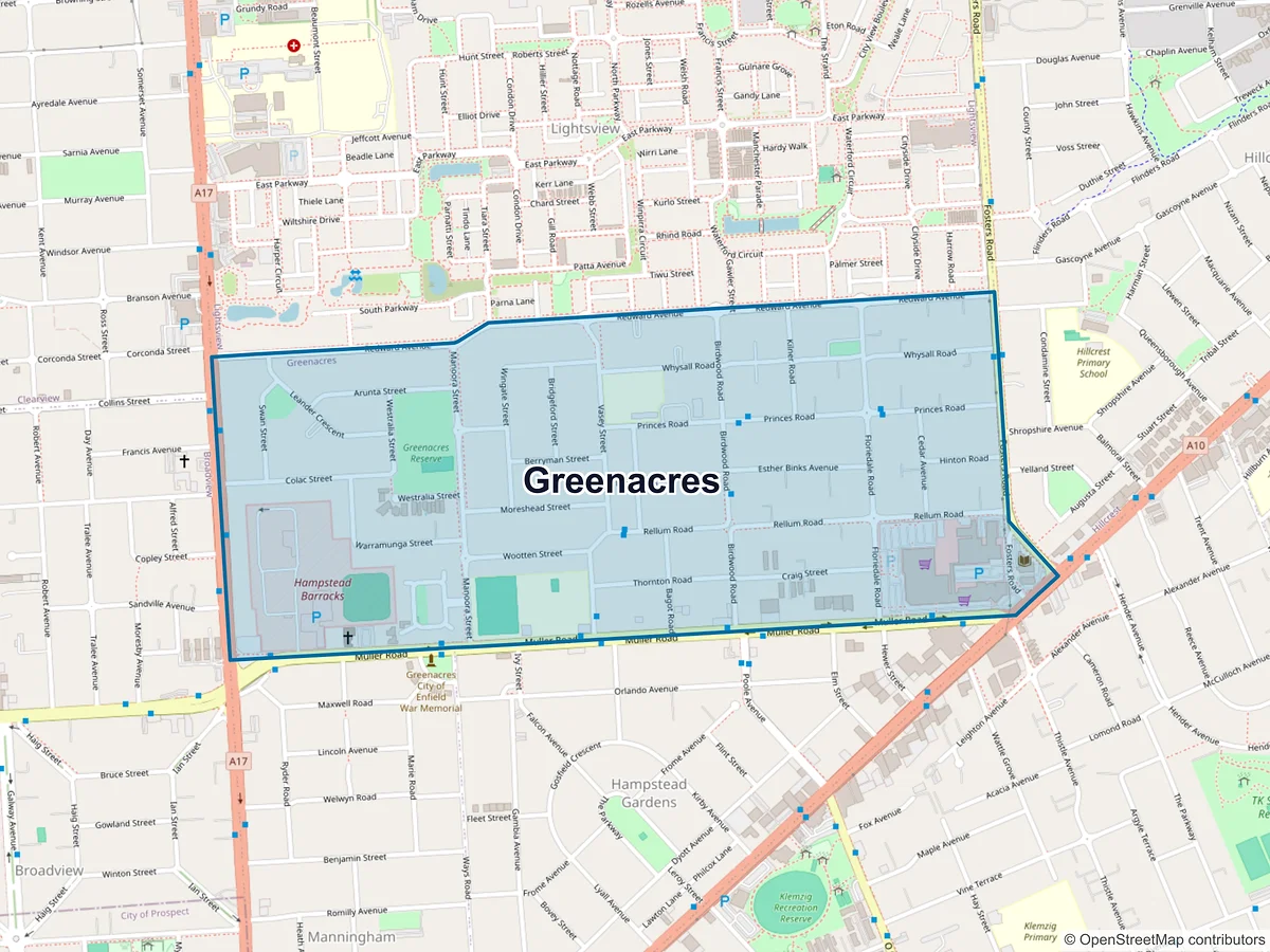 Map of Greenacres, SA, Australia