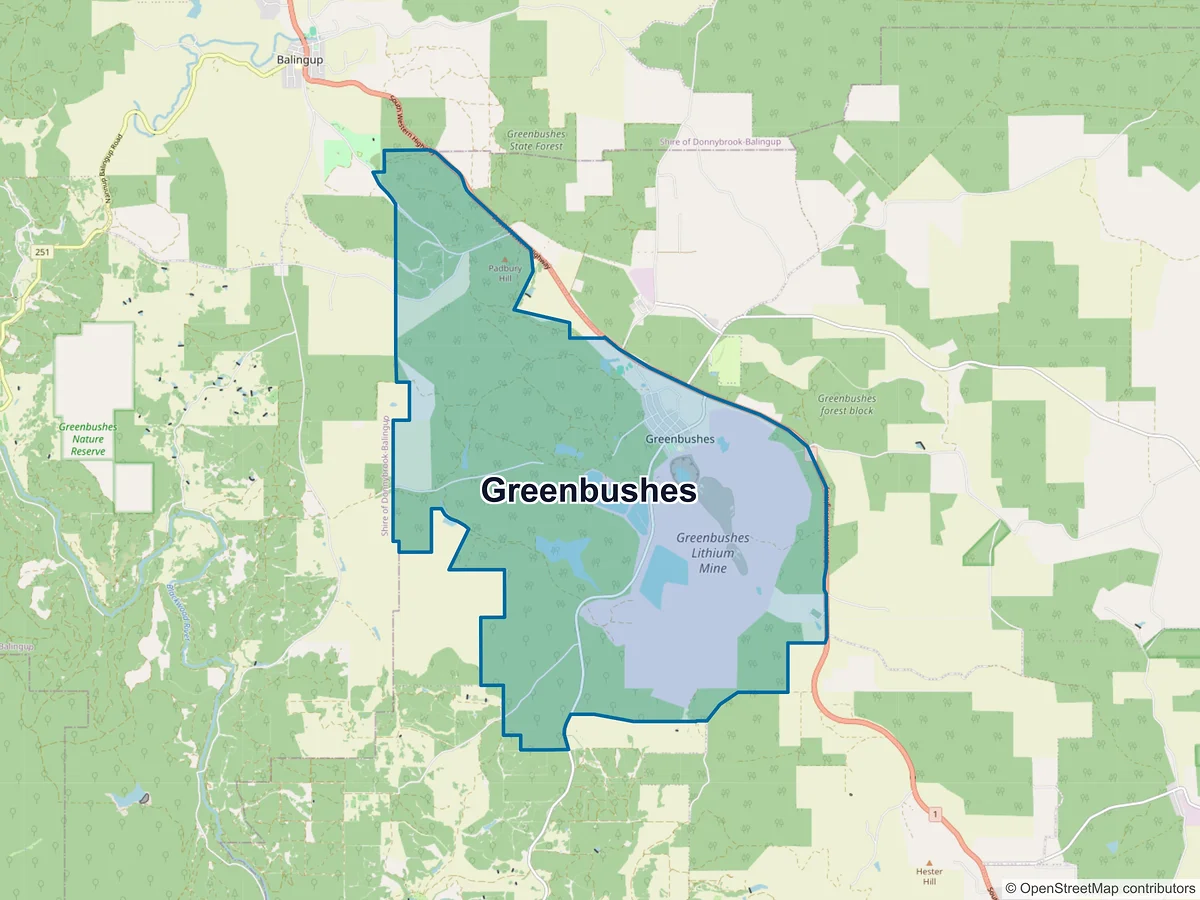Map of Greenbushes, WA, Australia