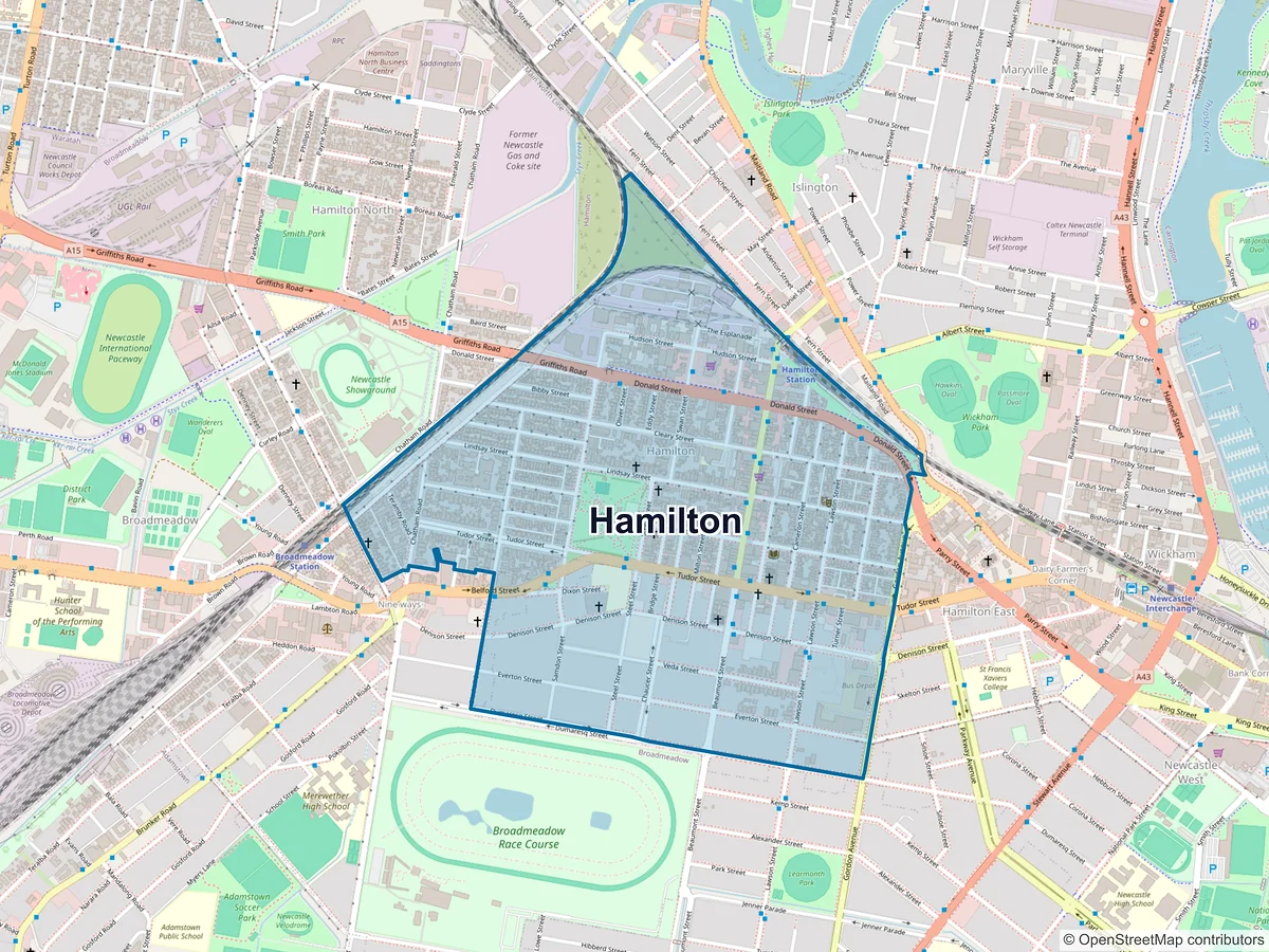 Map of Hamilton, NSW, Australia