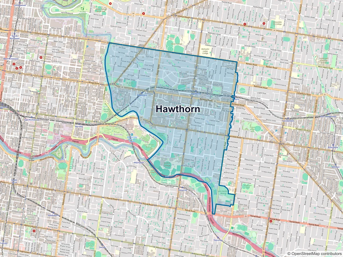 Map of Hawthorn, VIC, Australia