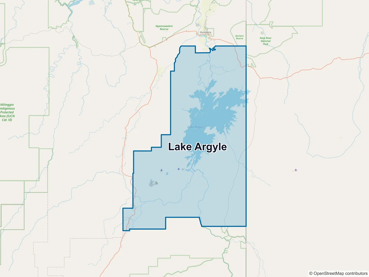 Map of Lake Argyle, WA, Australia
