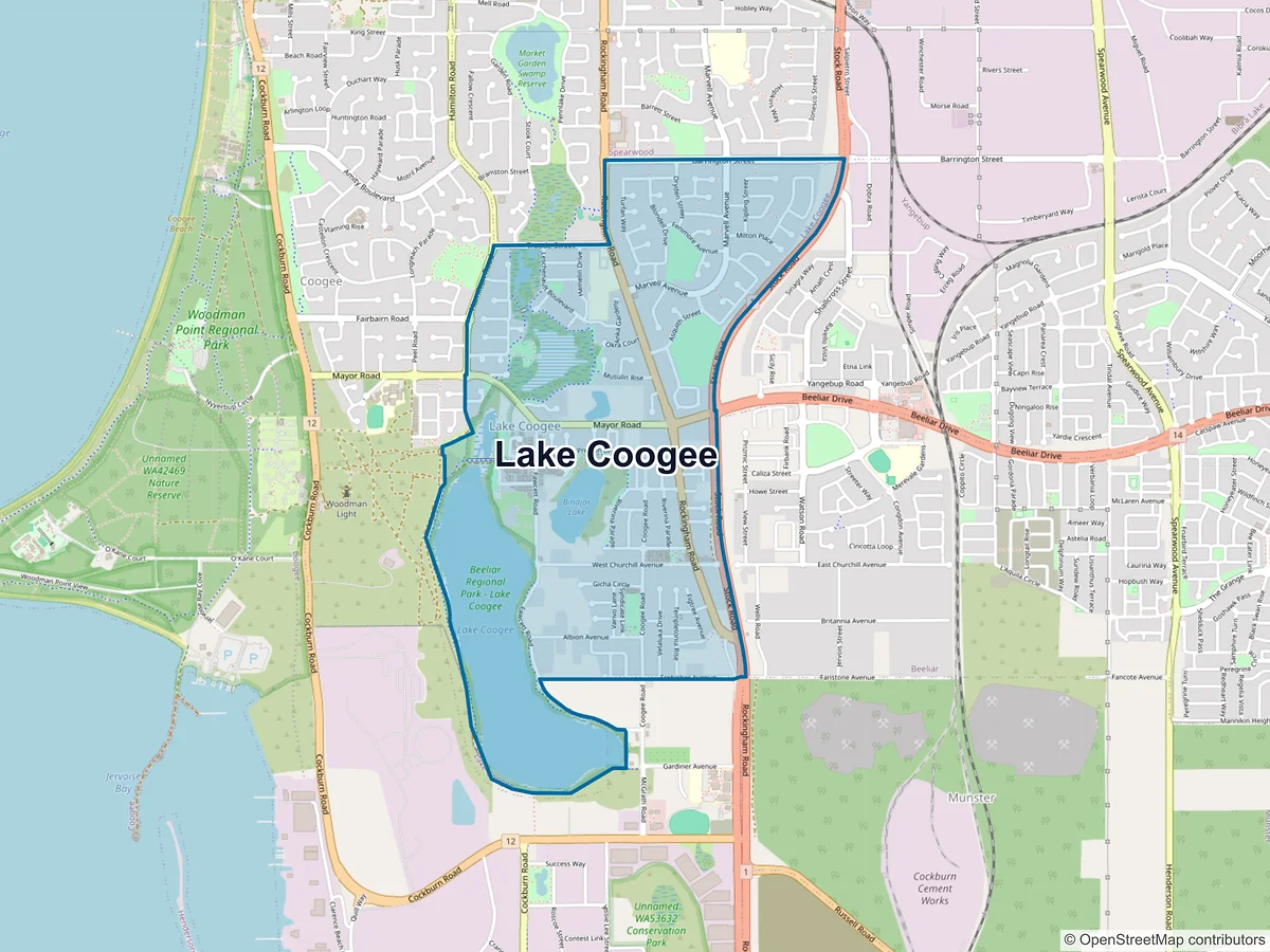 Map of Lake Coogee, WA, Australia