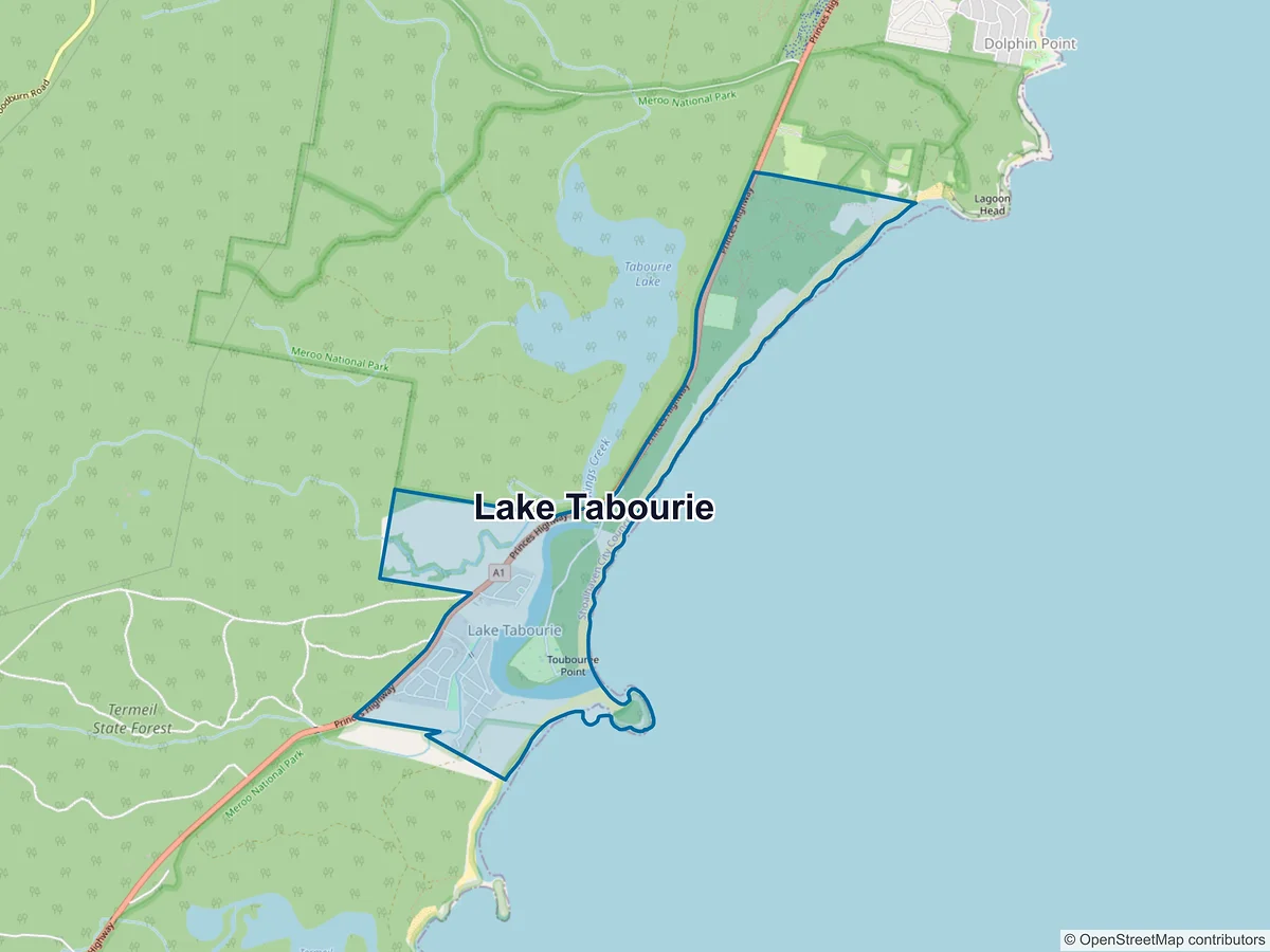 Map of Lake Tabourie, NSW, Australia
