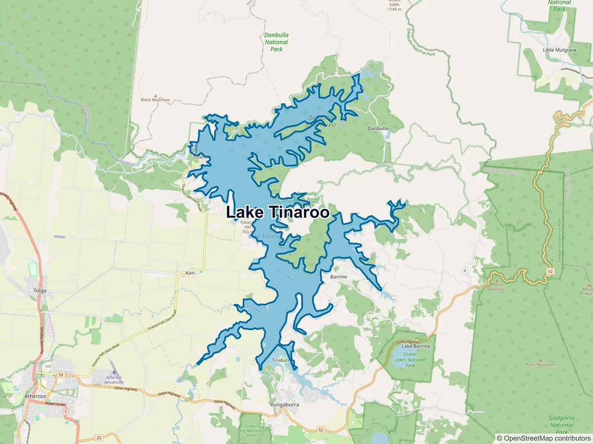 Map of Lake Tinaroo, QLD, Australia