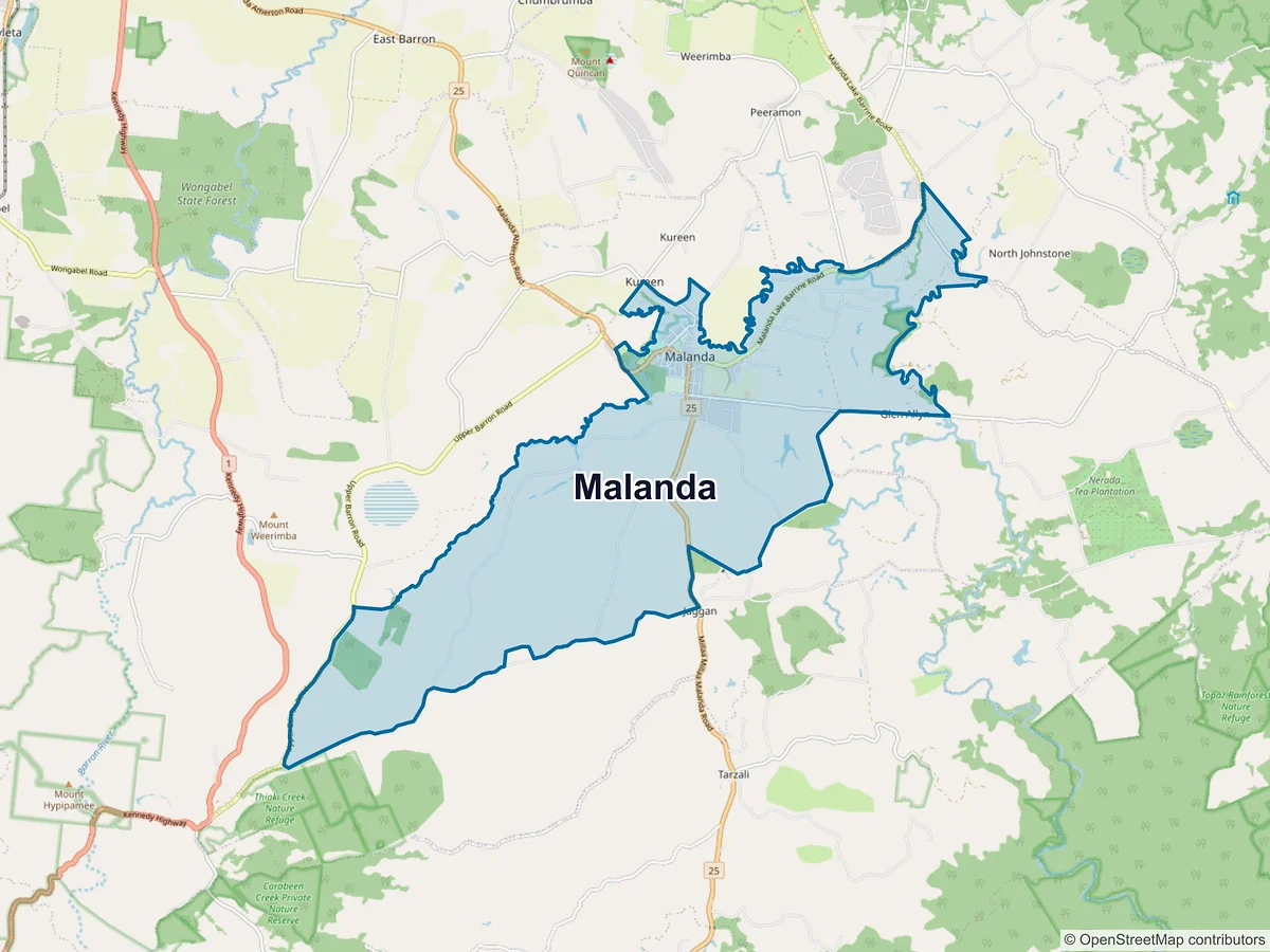 Map of Malanda, QLD, Australia