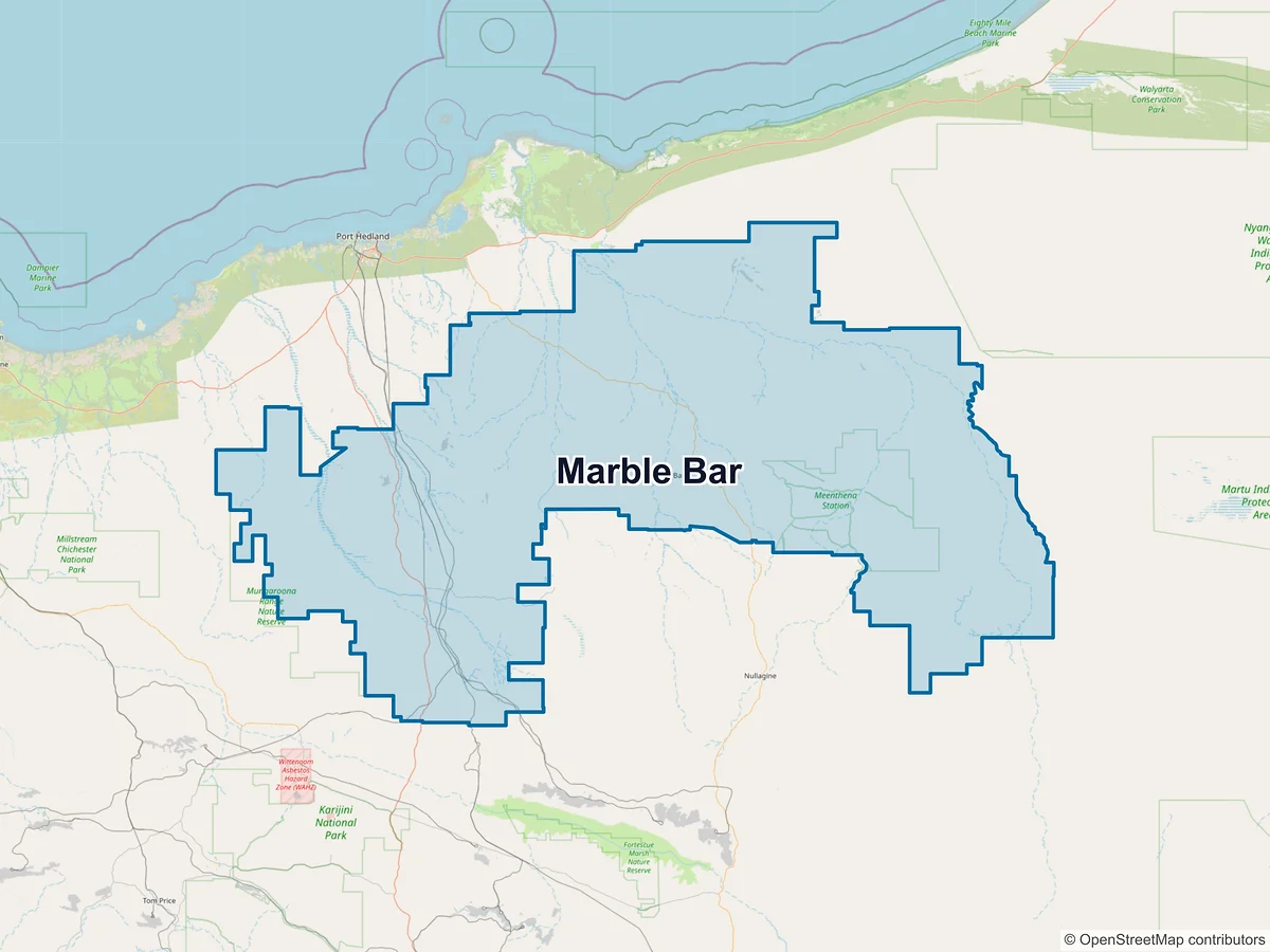 Map of Marble Bar, WA, Australia