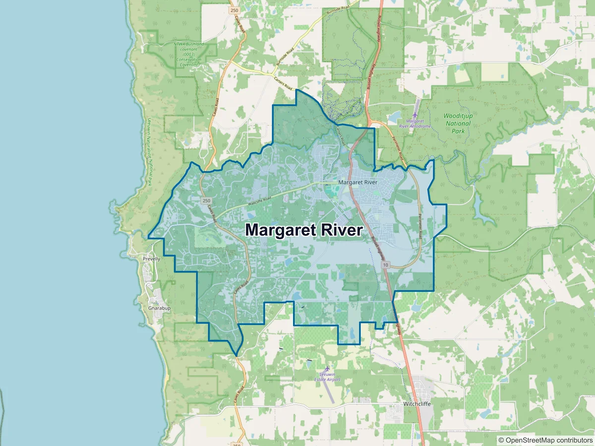 Map of Margaret River, WA, Australia