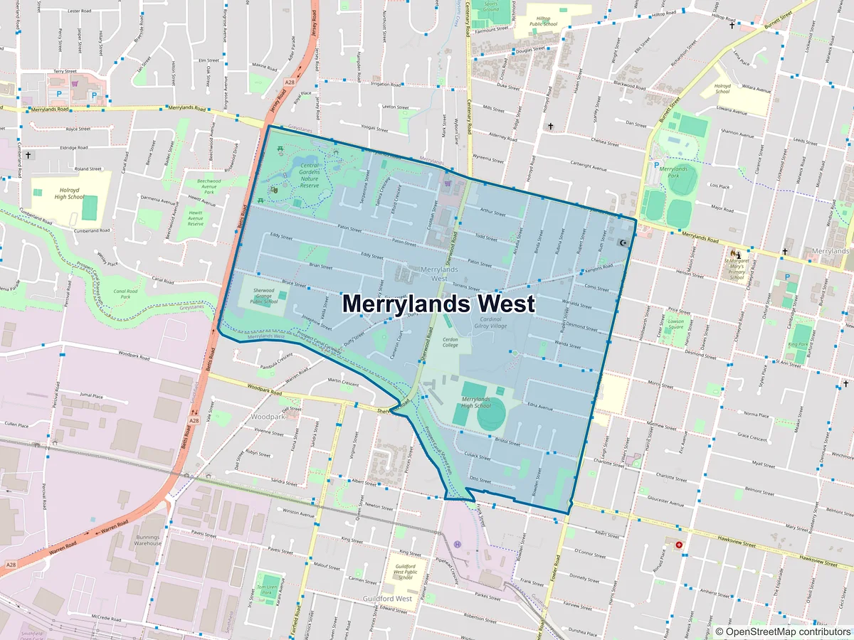 Map of Merrylands West, NSW, Australia
