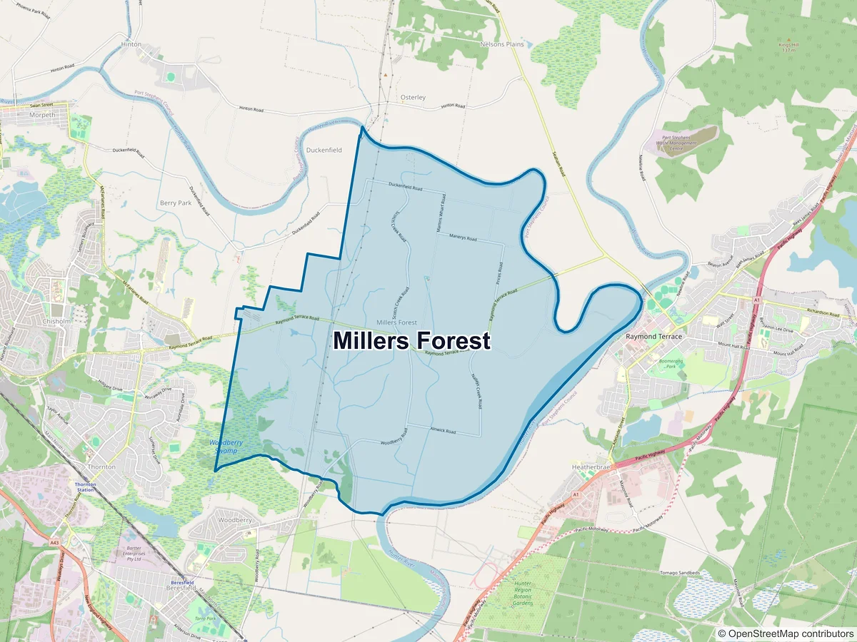 Map of Millers Forest, NSW, Australia