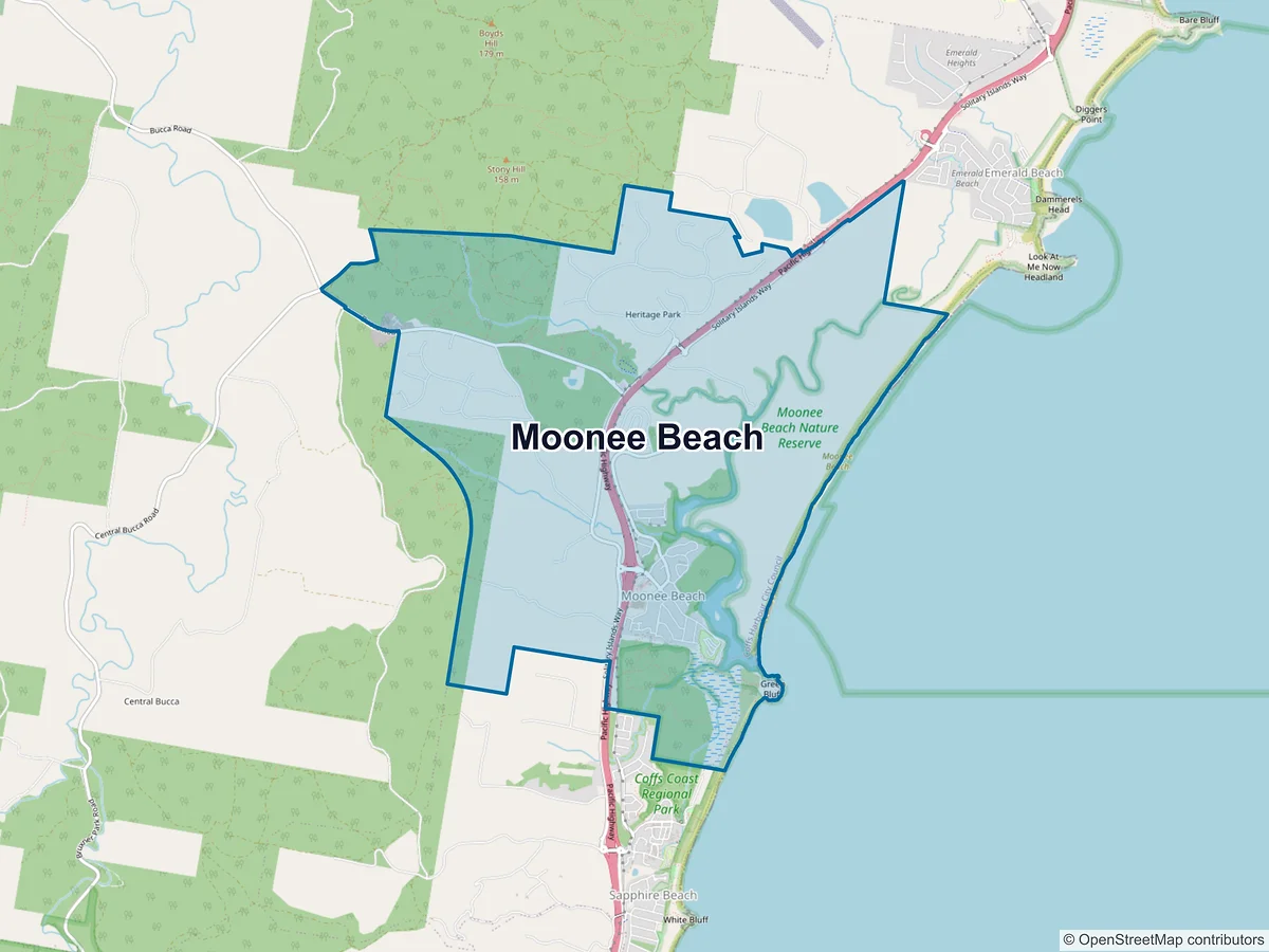 Map of Moonee Beach, NSW, Australia