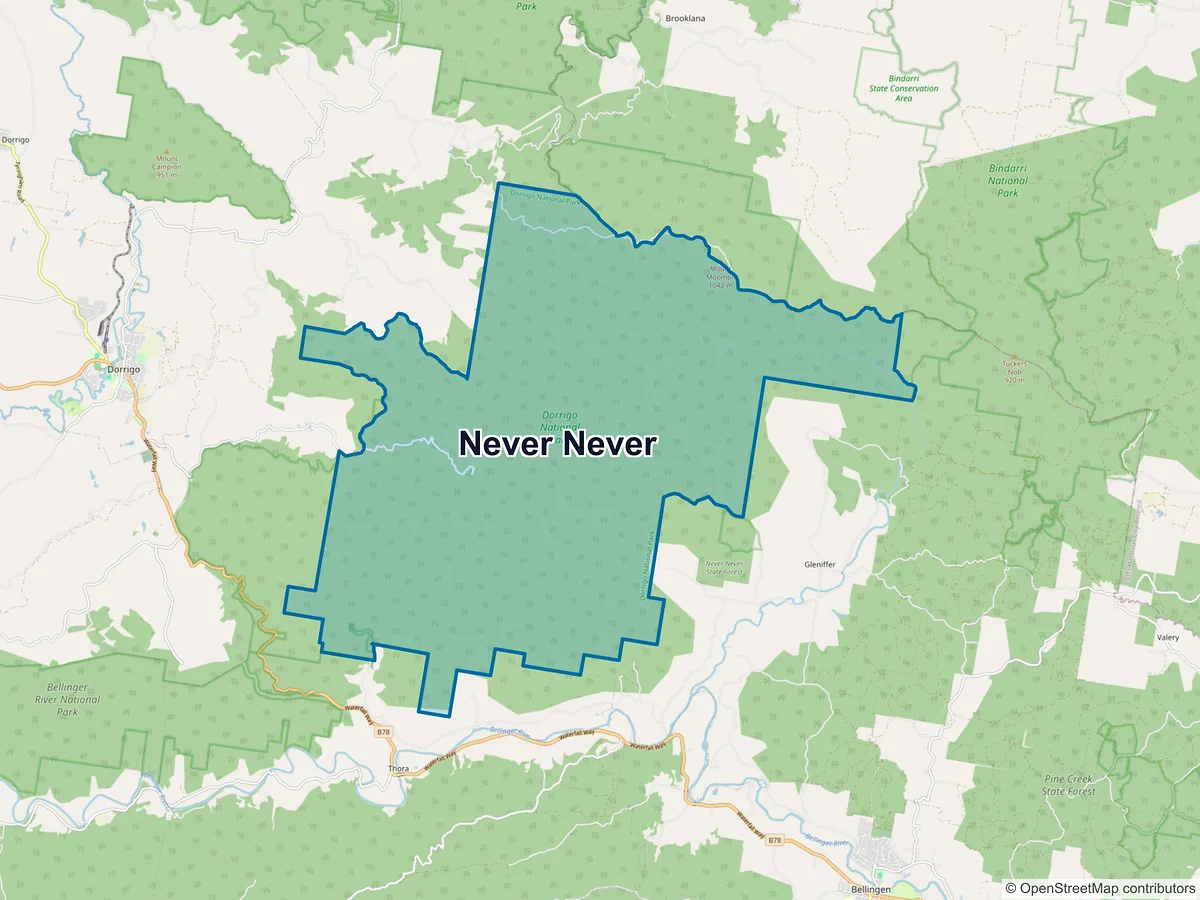 Map of Never Never, NSW, Australia