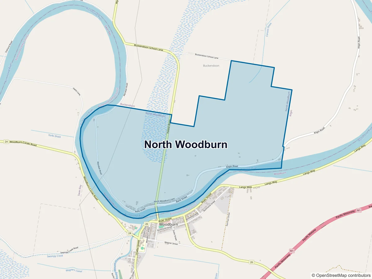 Map of North Woodburn, NSW, Australia