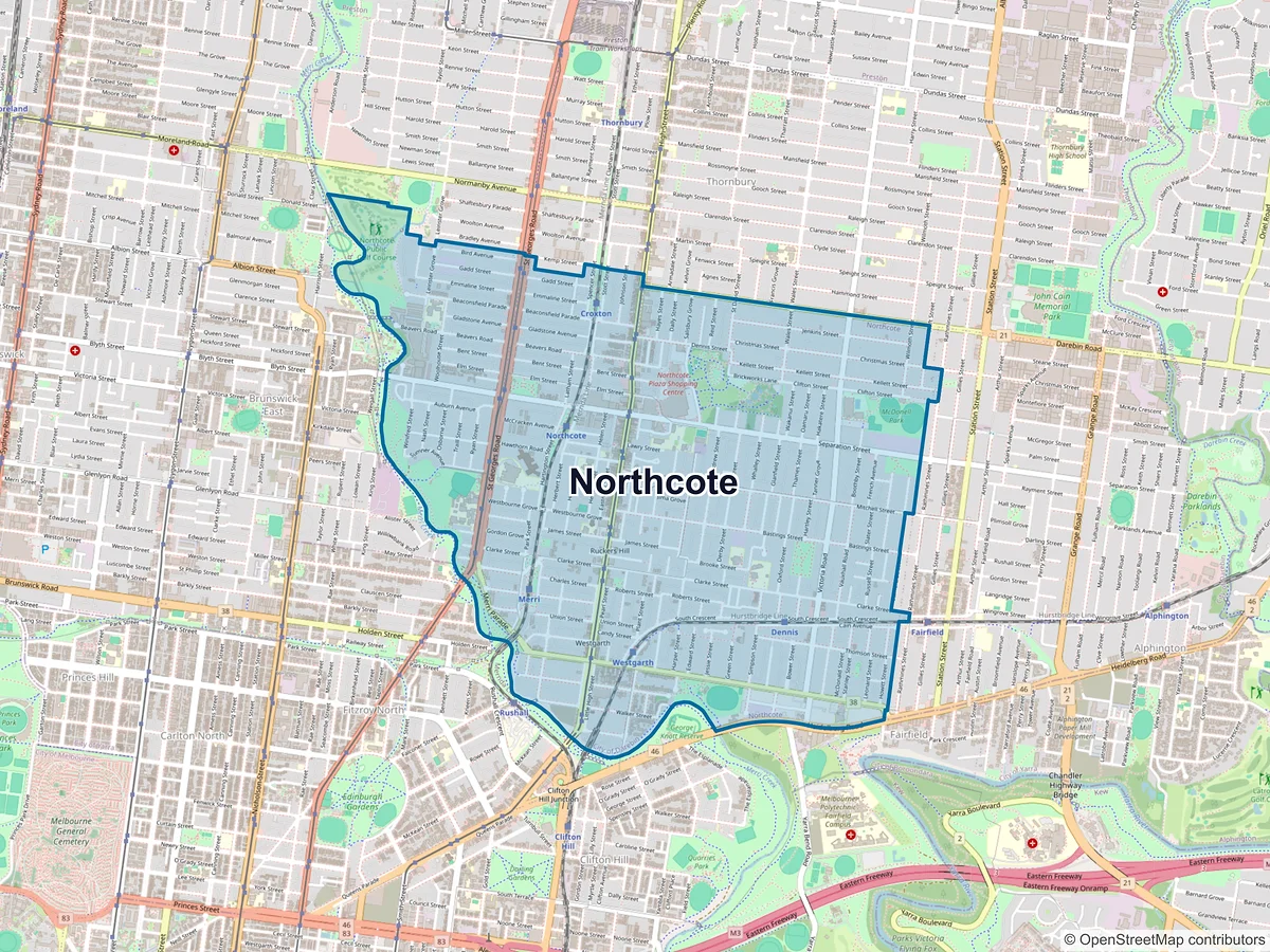 Map of Northcote, VIC, Australia