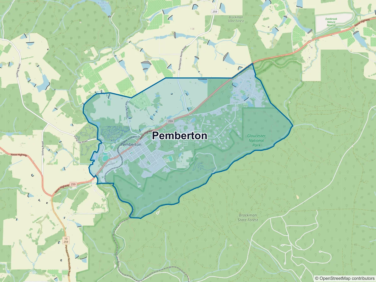 Map of Pemberton, WA, Australia