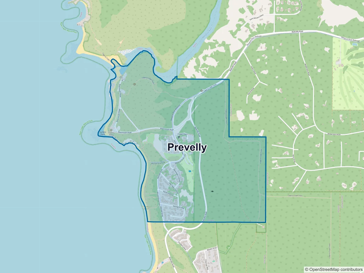 Map of Prevelly, WA, Australia