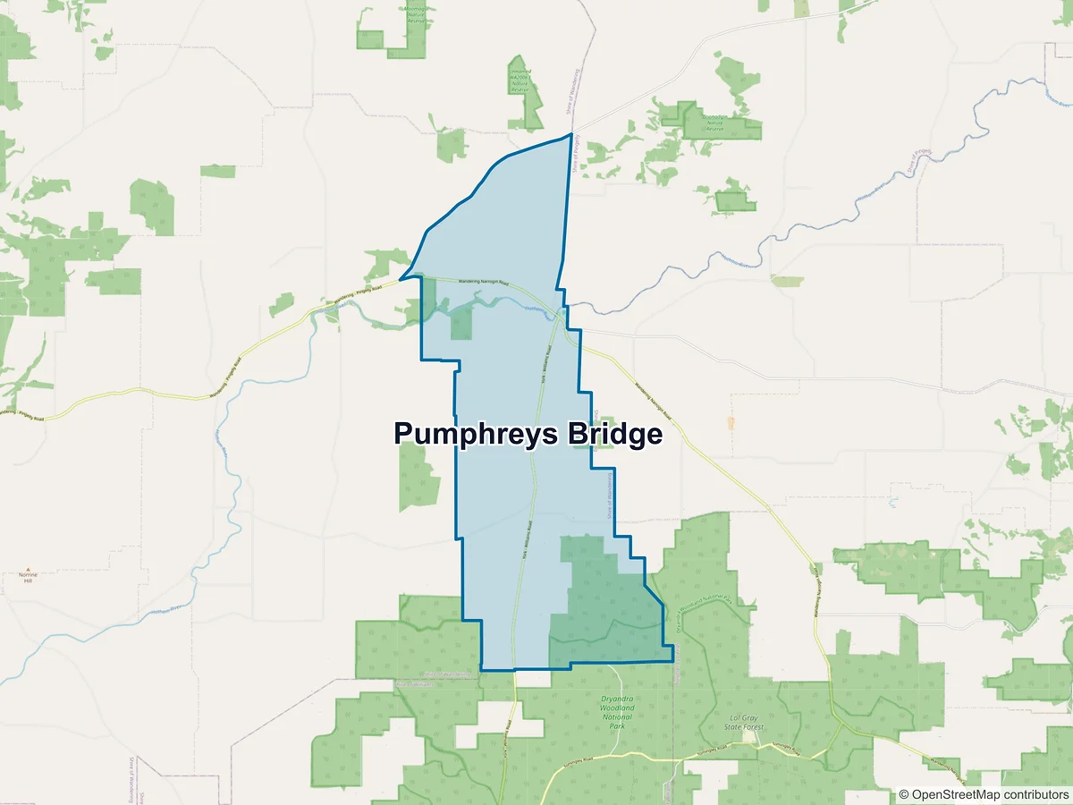 Map of Pumphreys Bridge, WA, Australia