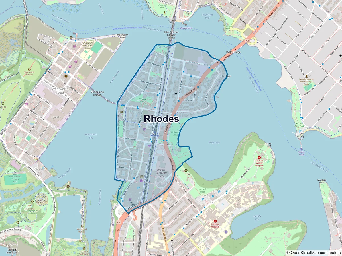 Map of Rhodes, NSW, Australia