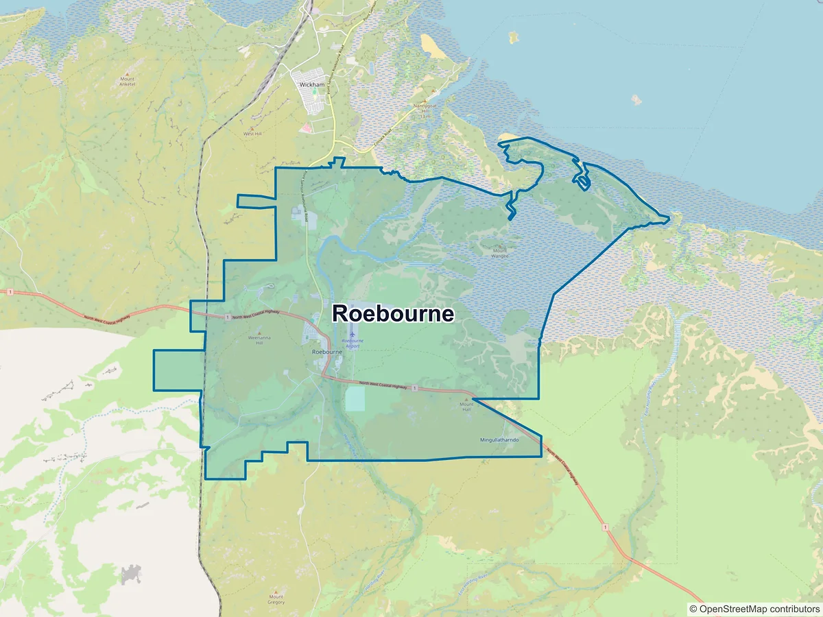 Map of Roebourne, WA, Australia