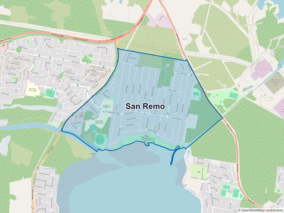 Map of San Remo, NSW, Australia