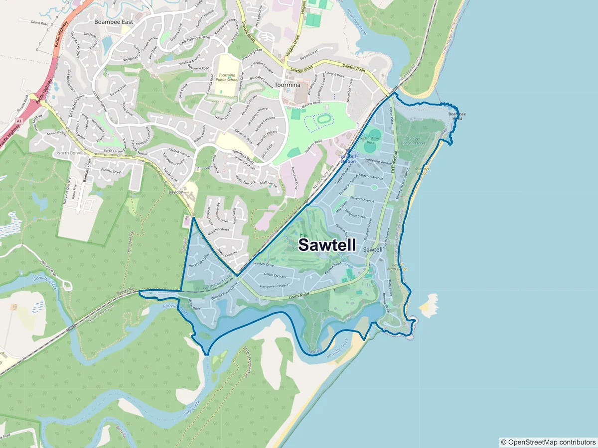 Map of Sawtell, NSW, Australia