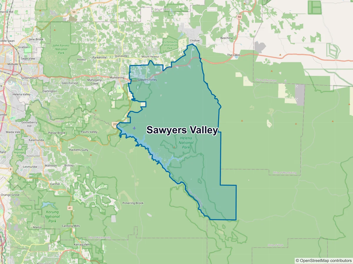 Map of Sawyers Valley, WA, Australia