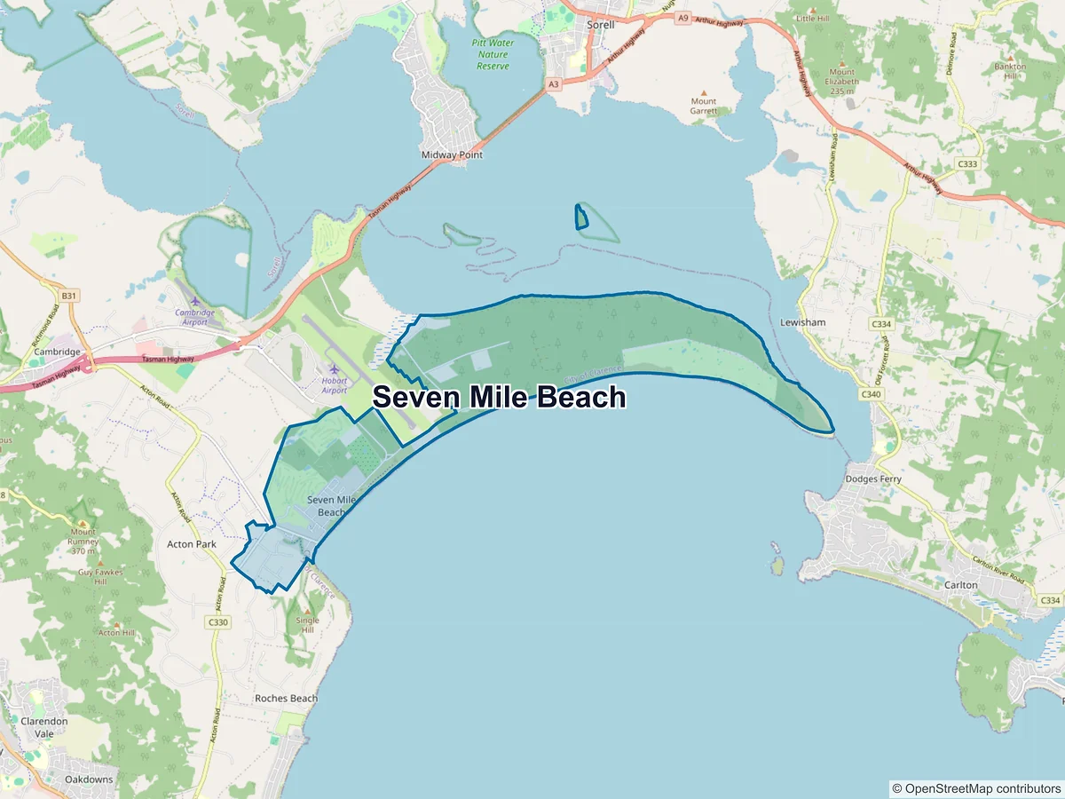 Map of Seven Mile Beach, TAS, Australia