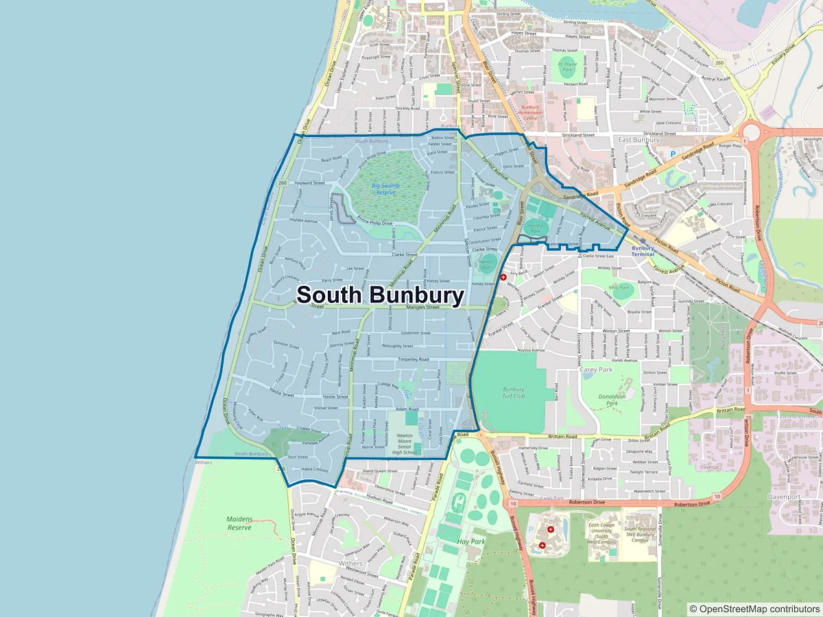 Map of South Bunbury, WA, Australia