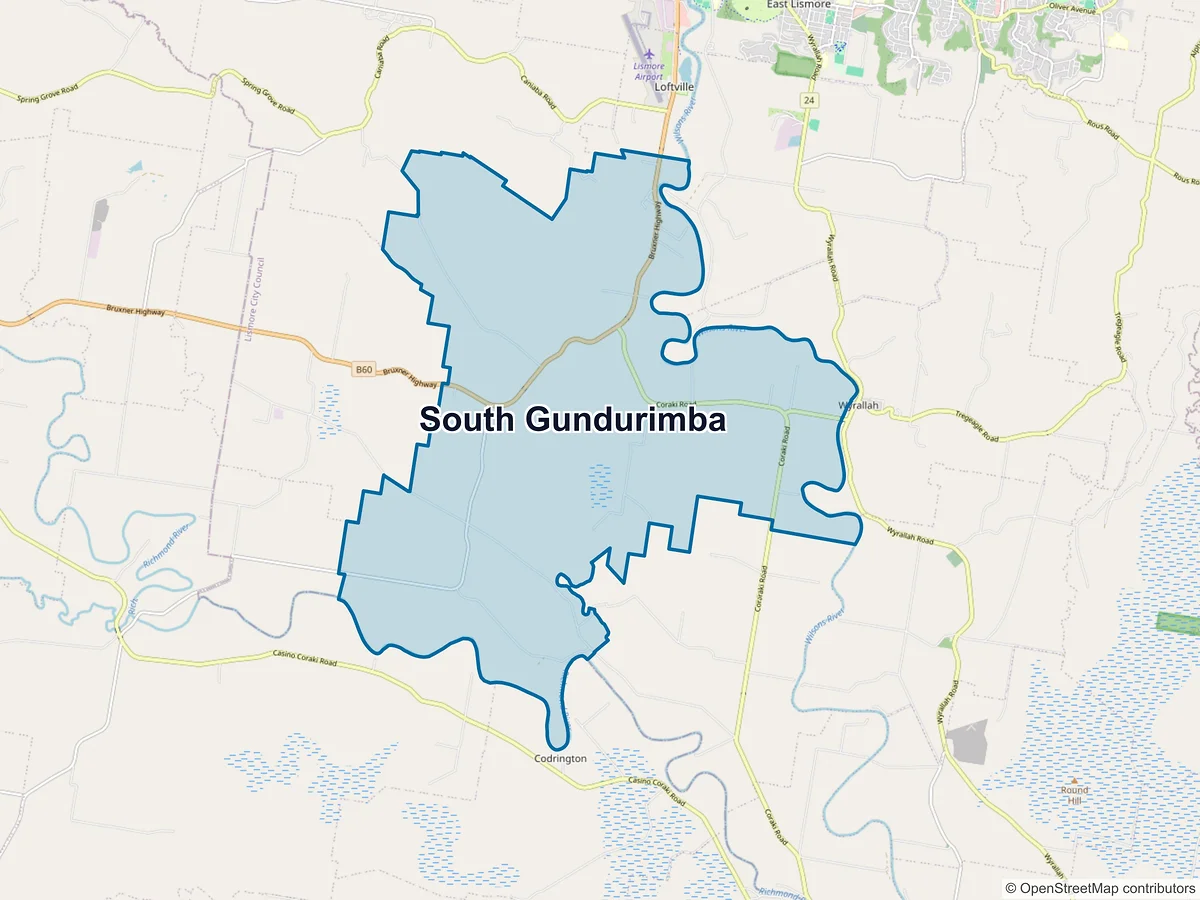 Map of South Gundurimba, NSW, Australia