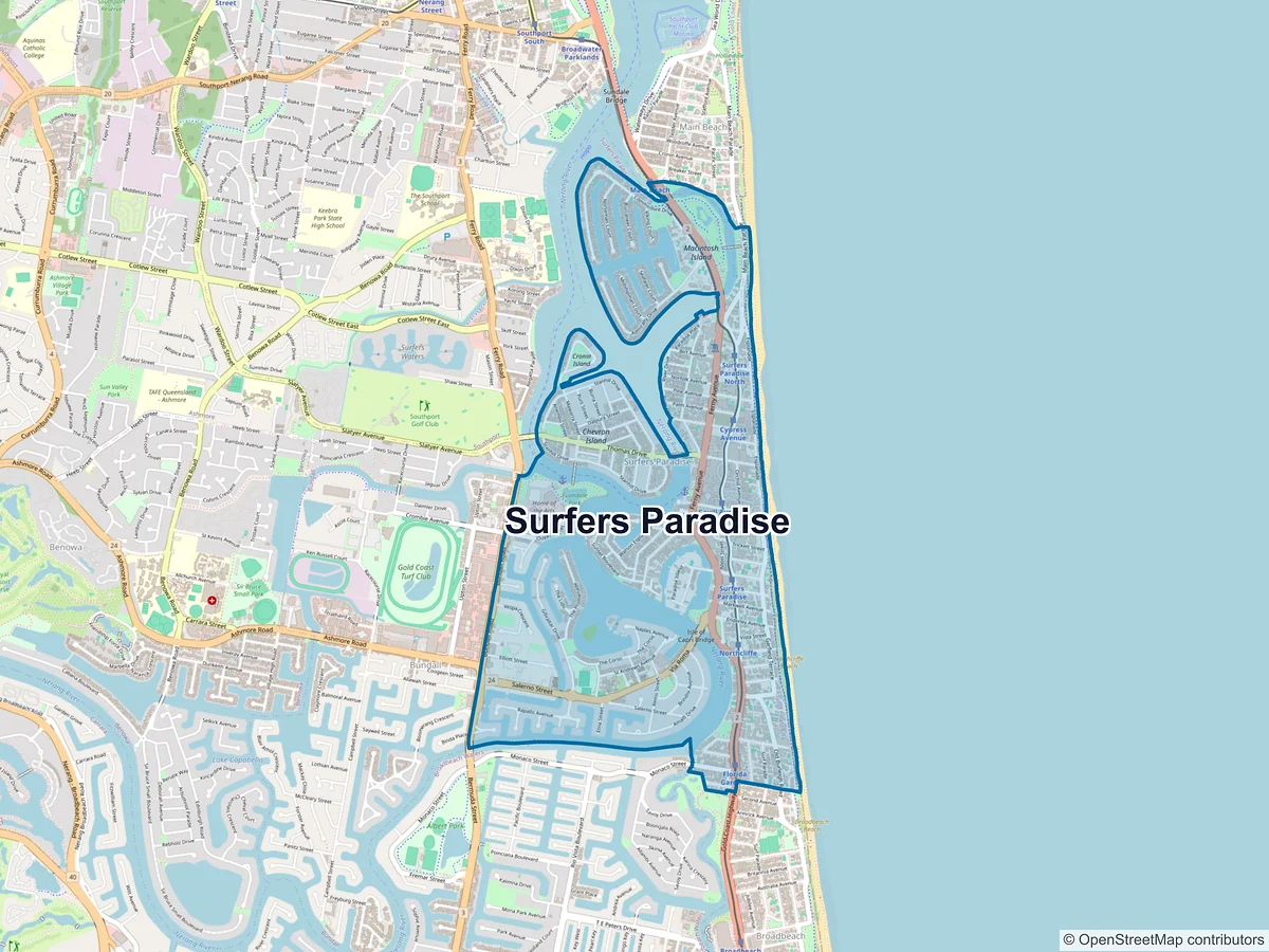 Map of Surfers Paradise, QLD, Australia