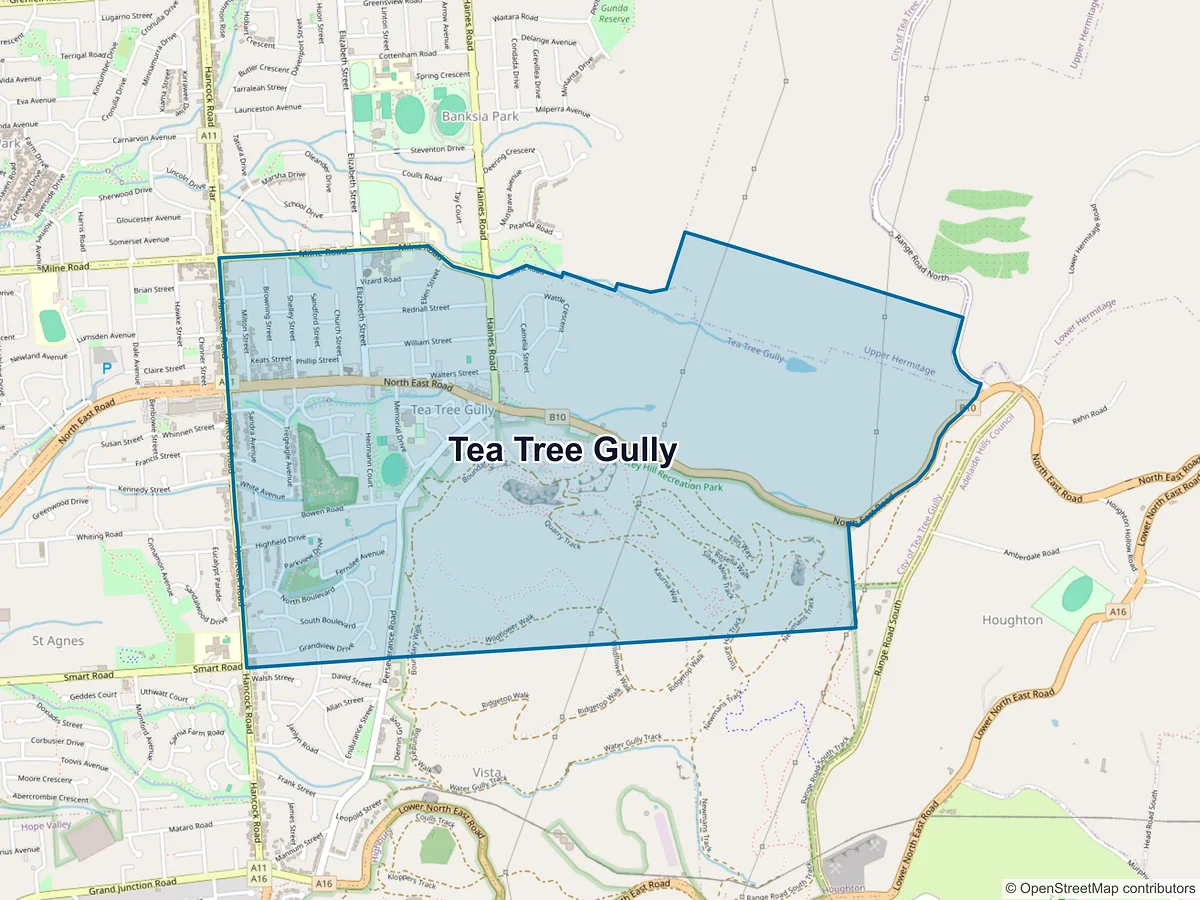 Map of Tea Tree Gully, SA, Australia