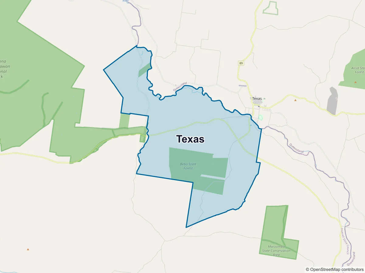 Map of Texas, NSW, Australia