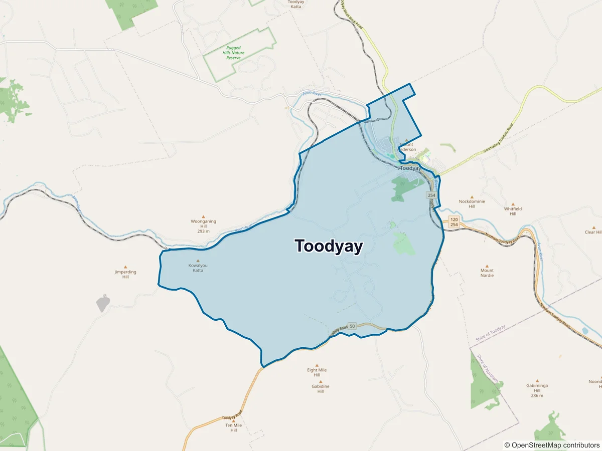 Map of Toodyay, WA, Australia