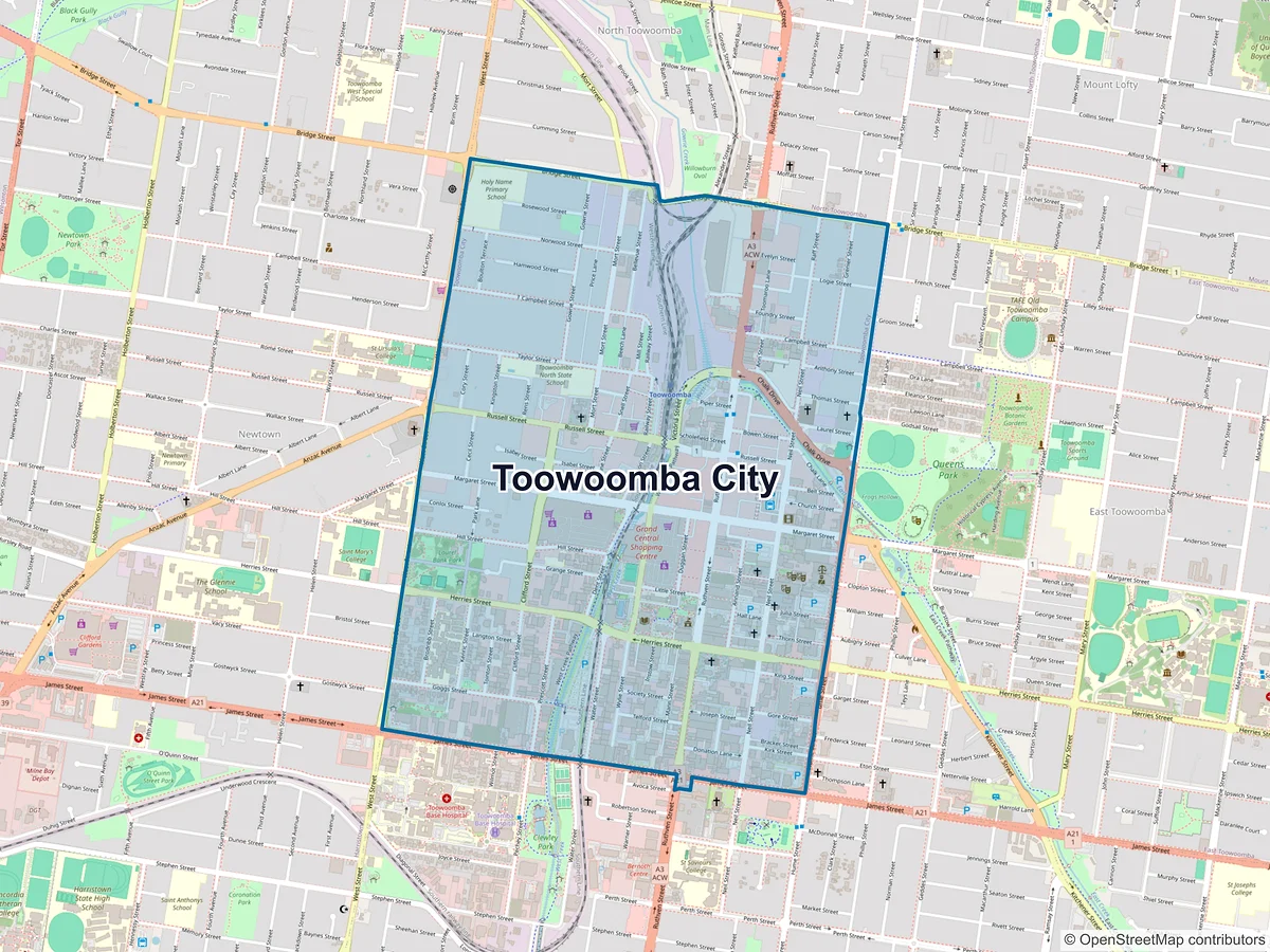 Map of Toowoomba City, QLD, Australia