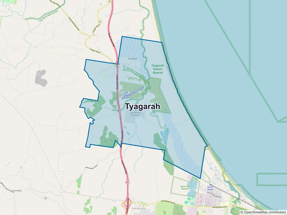 Map of Tyagarah, NSW, Australia