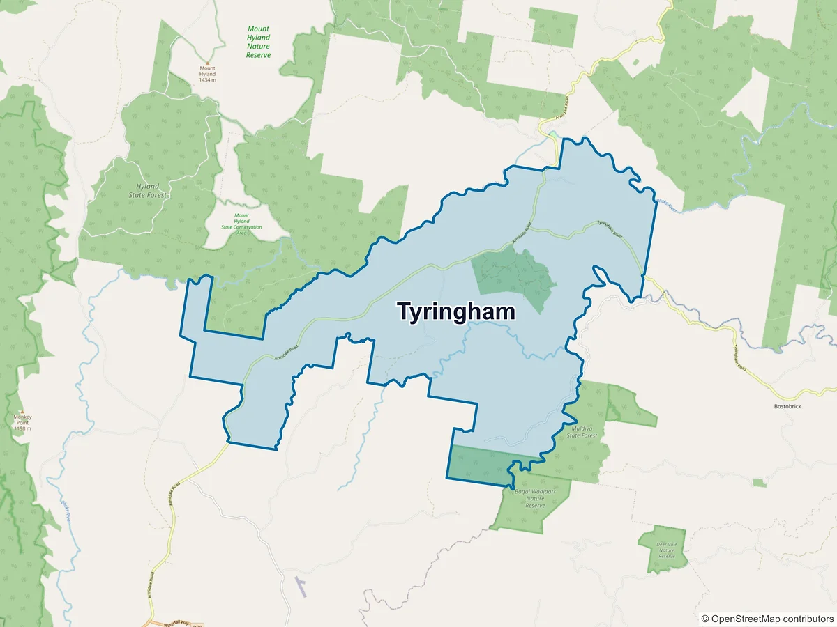 Map of Tyringham, NSW, Australia