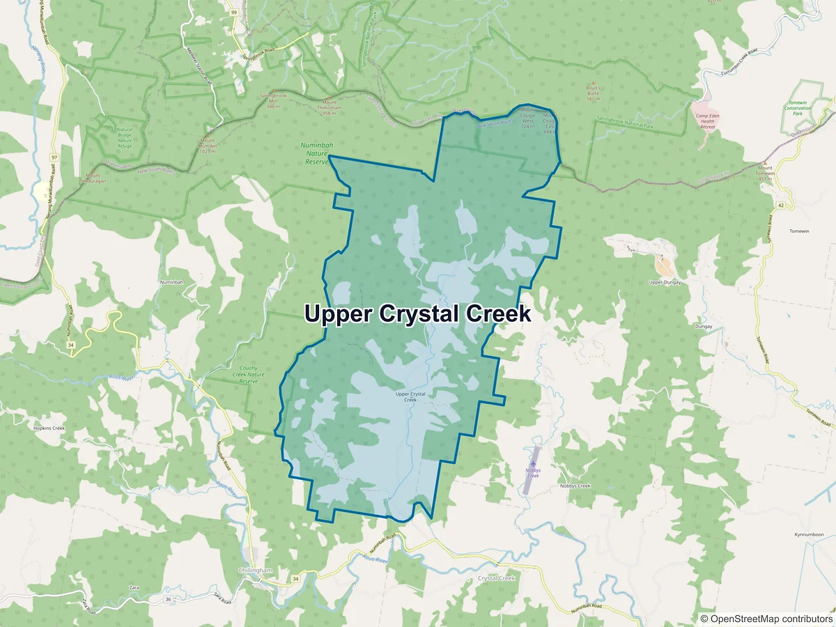 Map of Upper Crystal Creek, NSW, Australia