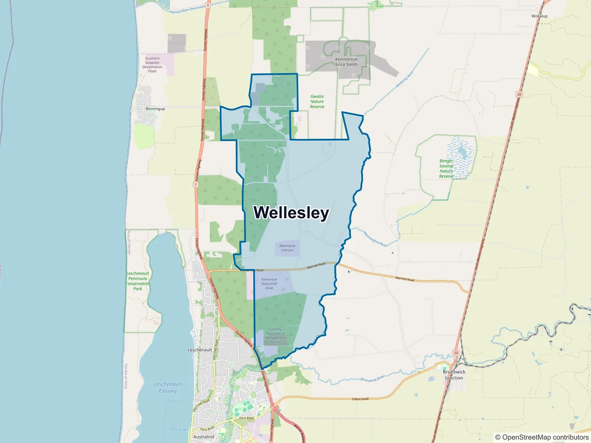 Map of Wellesley, WA, Australia