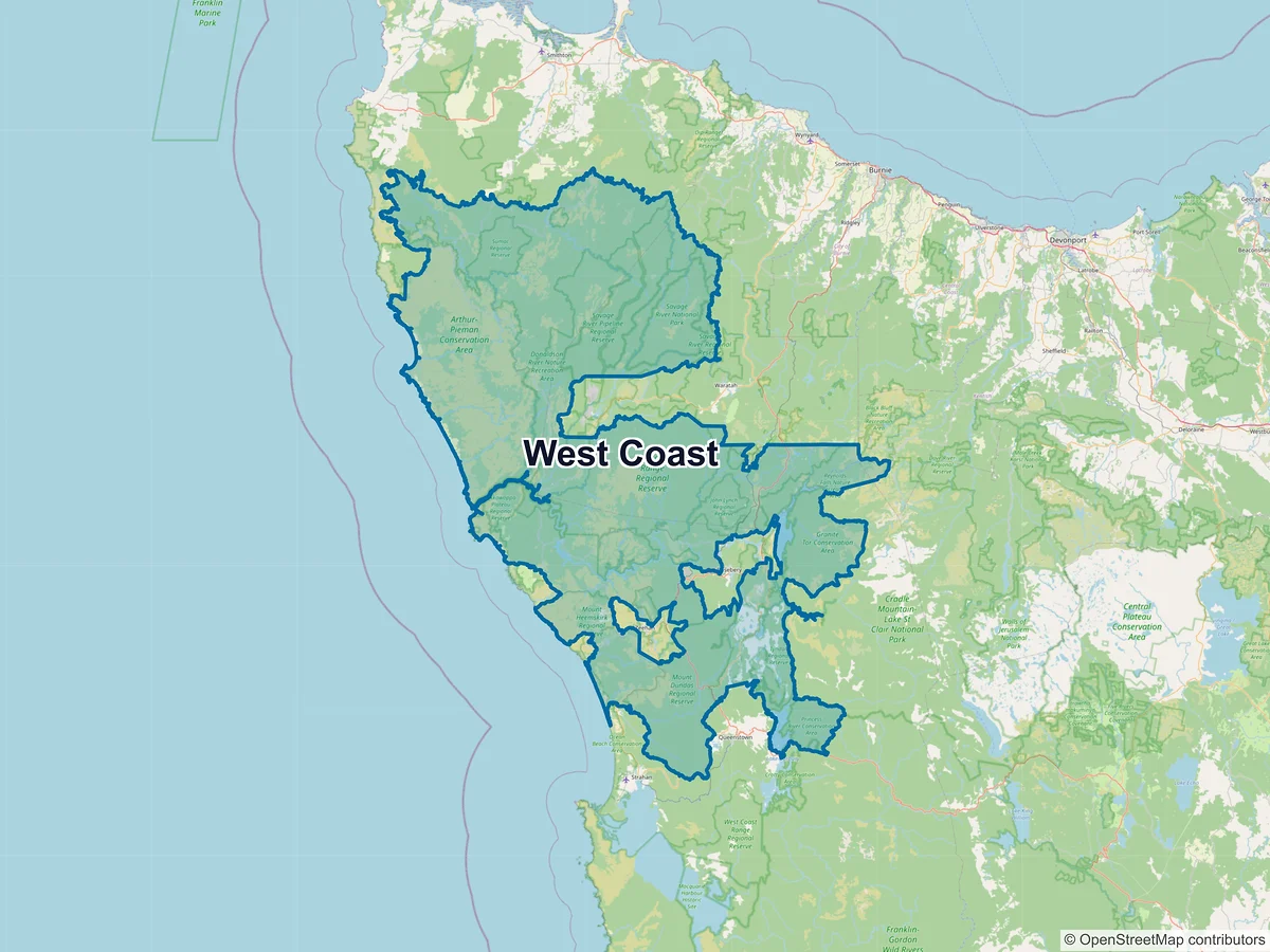 Map of West Coast, TAS, Australia