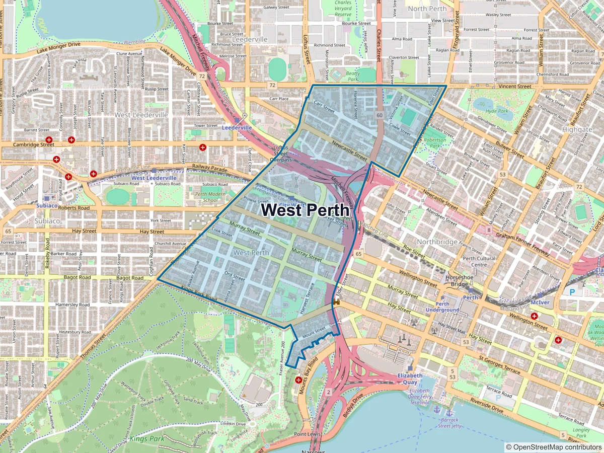 Map of West Perth, WA, Australia