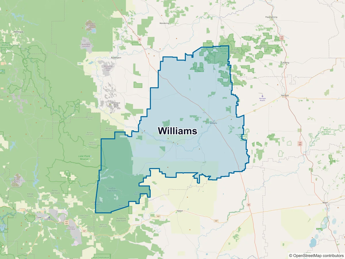 Map of Williams, WA, Australia