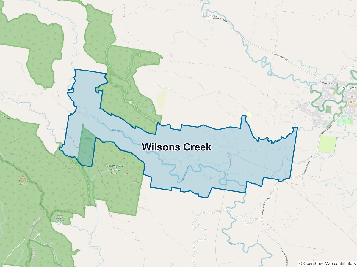 Map of Wilsons Creek, NSW, Australia