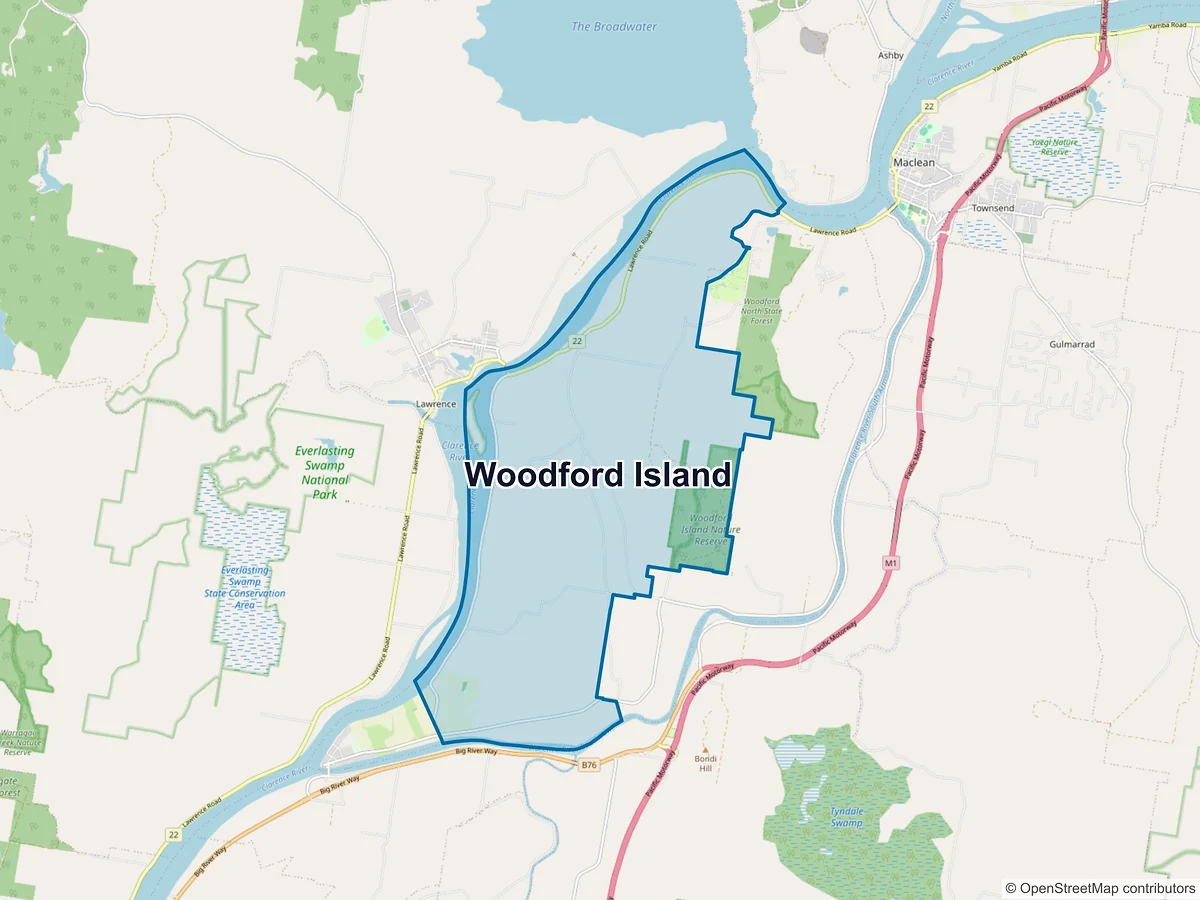 Map of Woodford Island, NSW, Australia