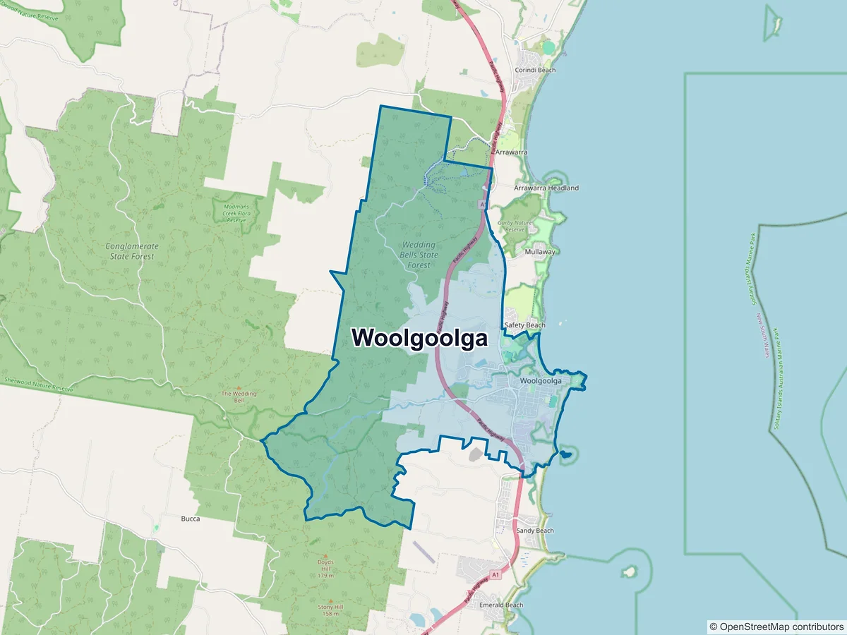 Map of Woolgoolga, NSW, Australia