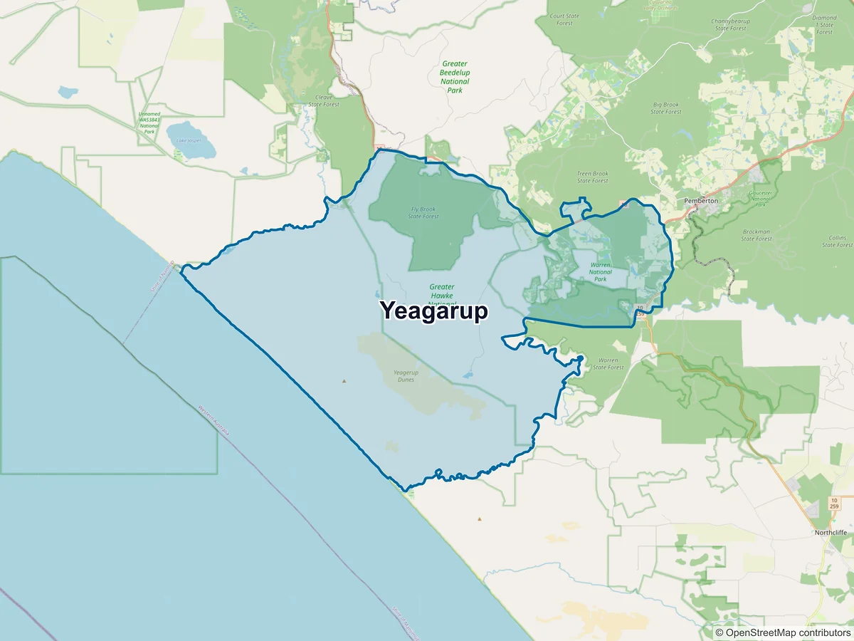 Map of Yeagarup, WA, Australia