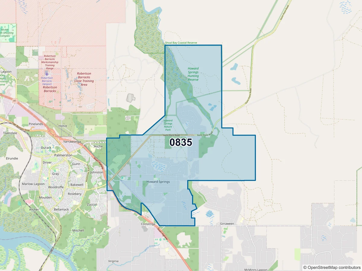Map of postcode 0835 — Howard Springs, NT, Australia