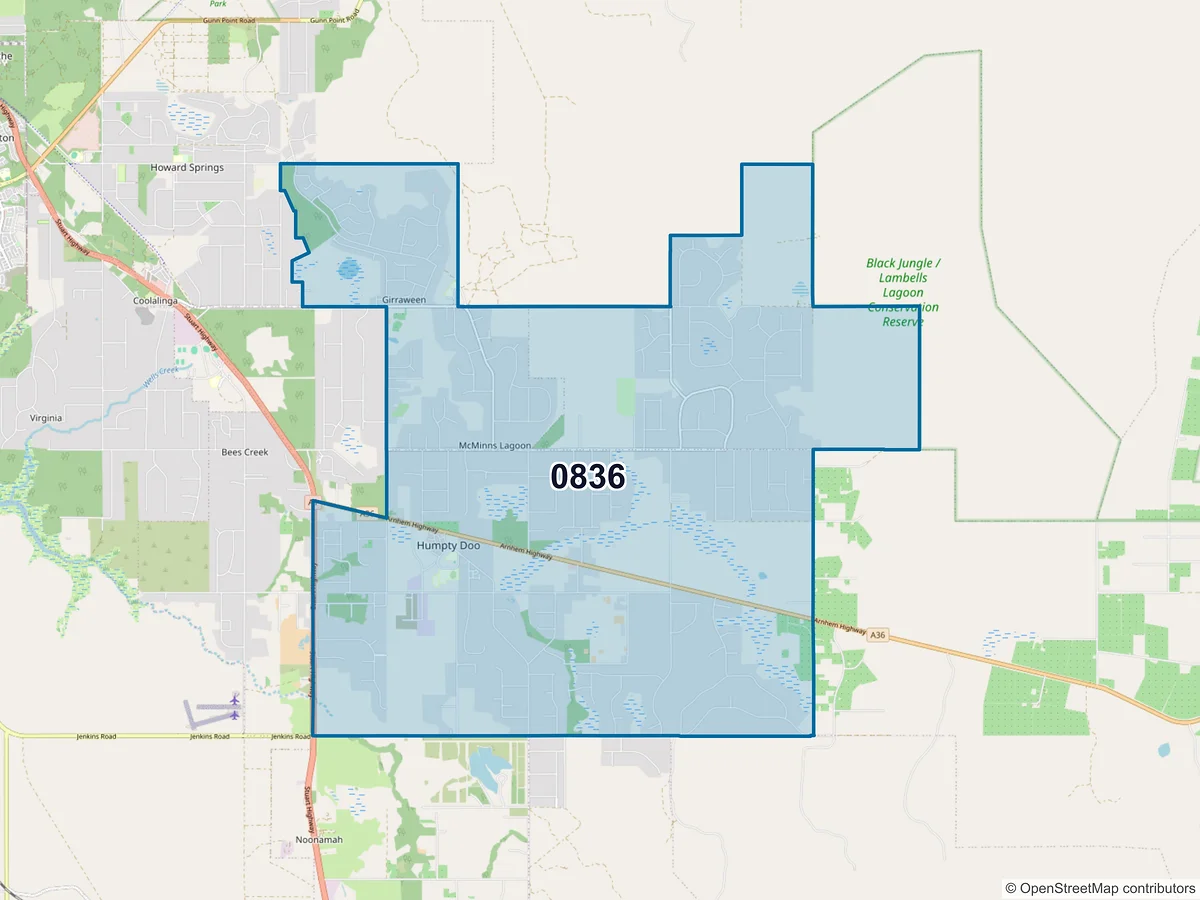 Map of postcode 0836 — Humpty Doo, NT, Australia