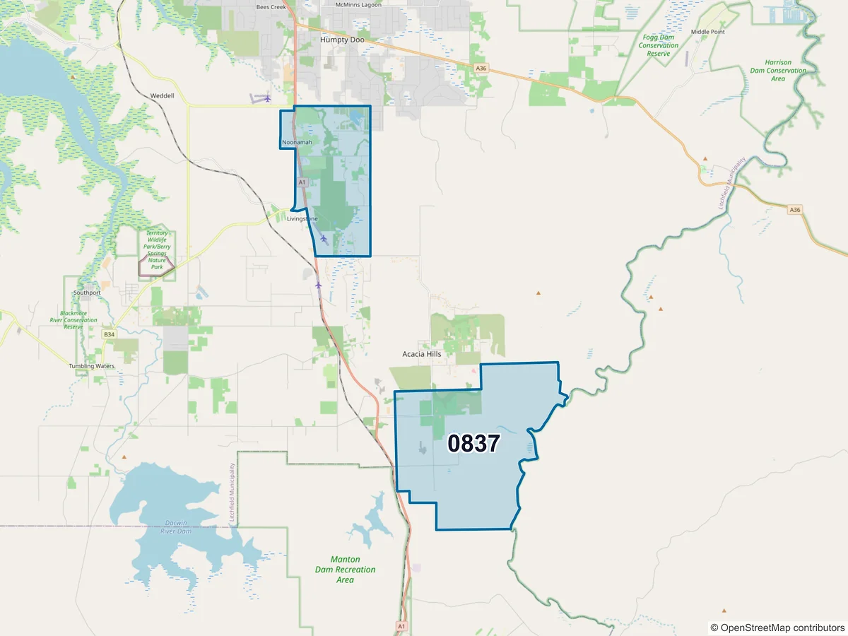 Map of postcode 0837 — Noonamah, NT, Australia
