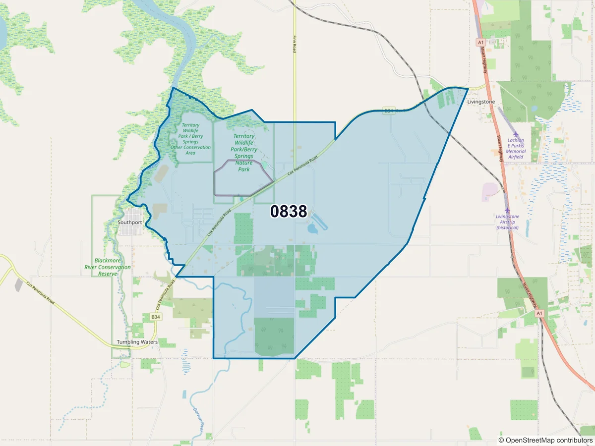Map of postcode 0838 — Berry Springs, NT, Australia