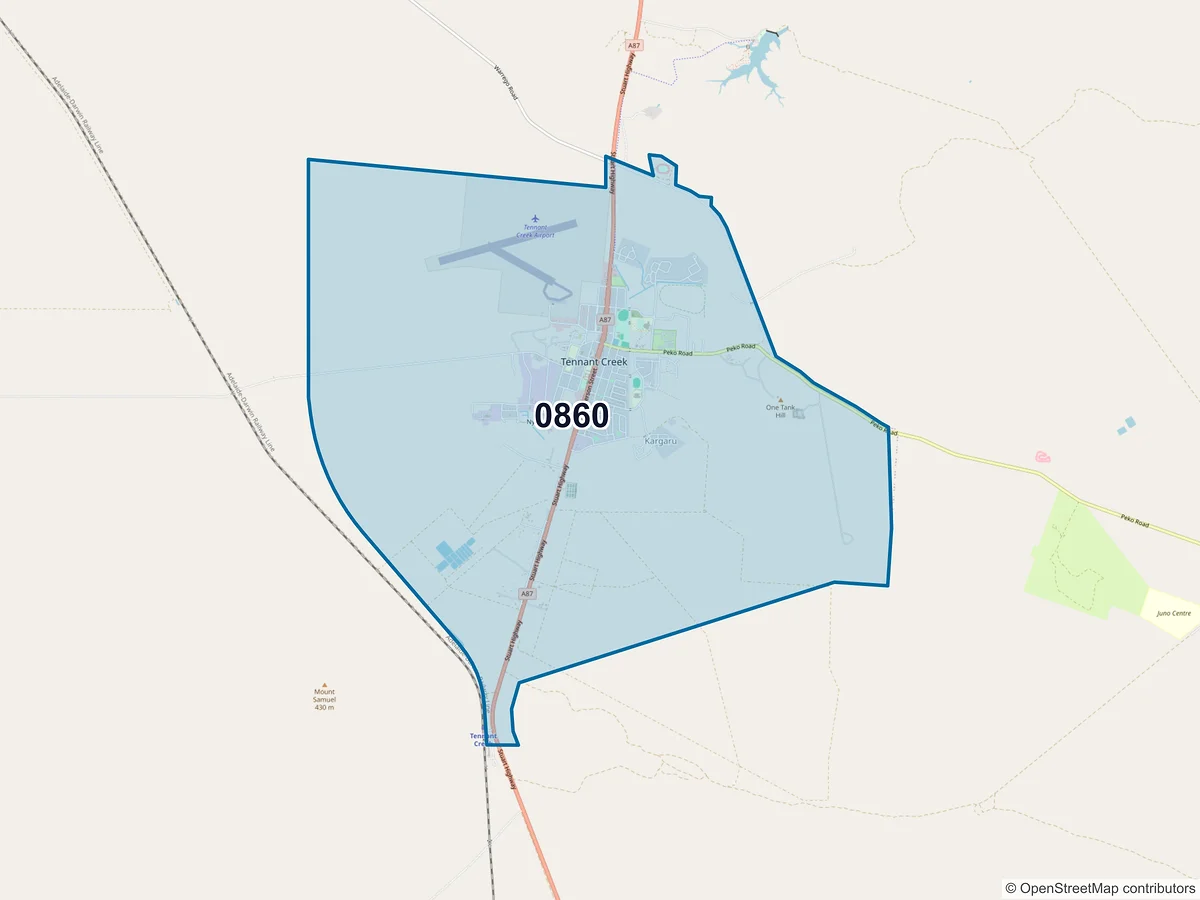 Map of postcode 0860 — Tennant Creek, NT, Australia